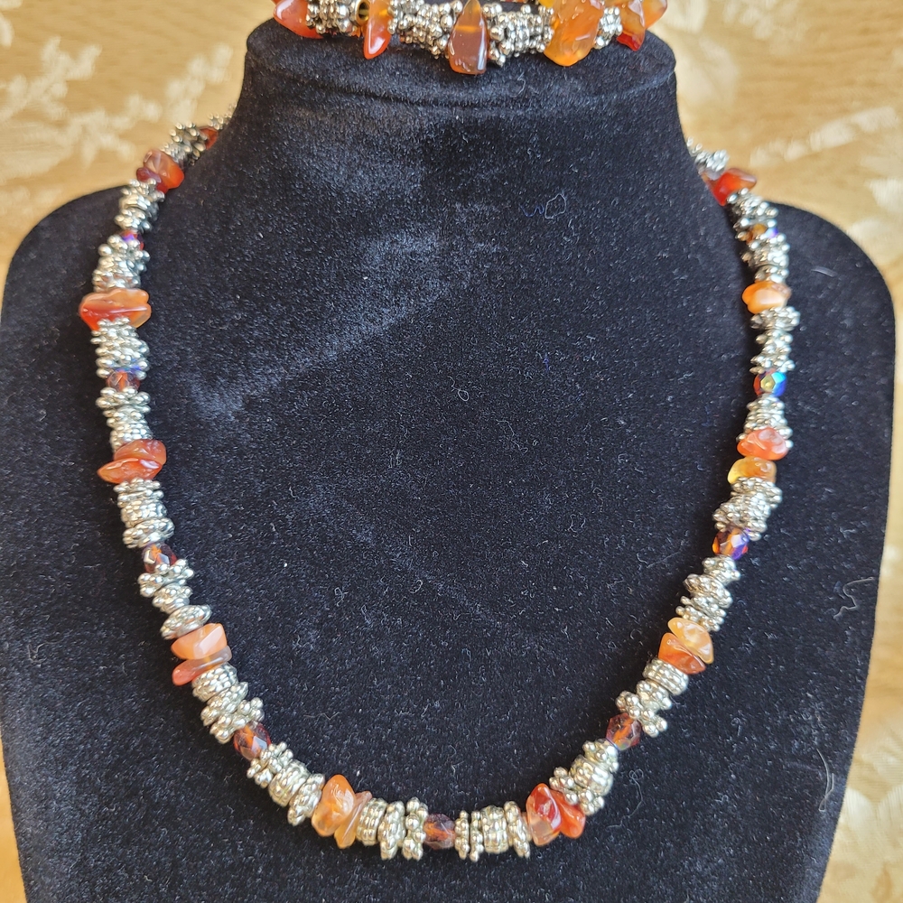 Elegant Orange and Silver Beaded Necklace